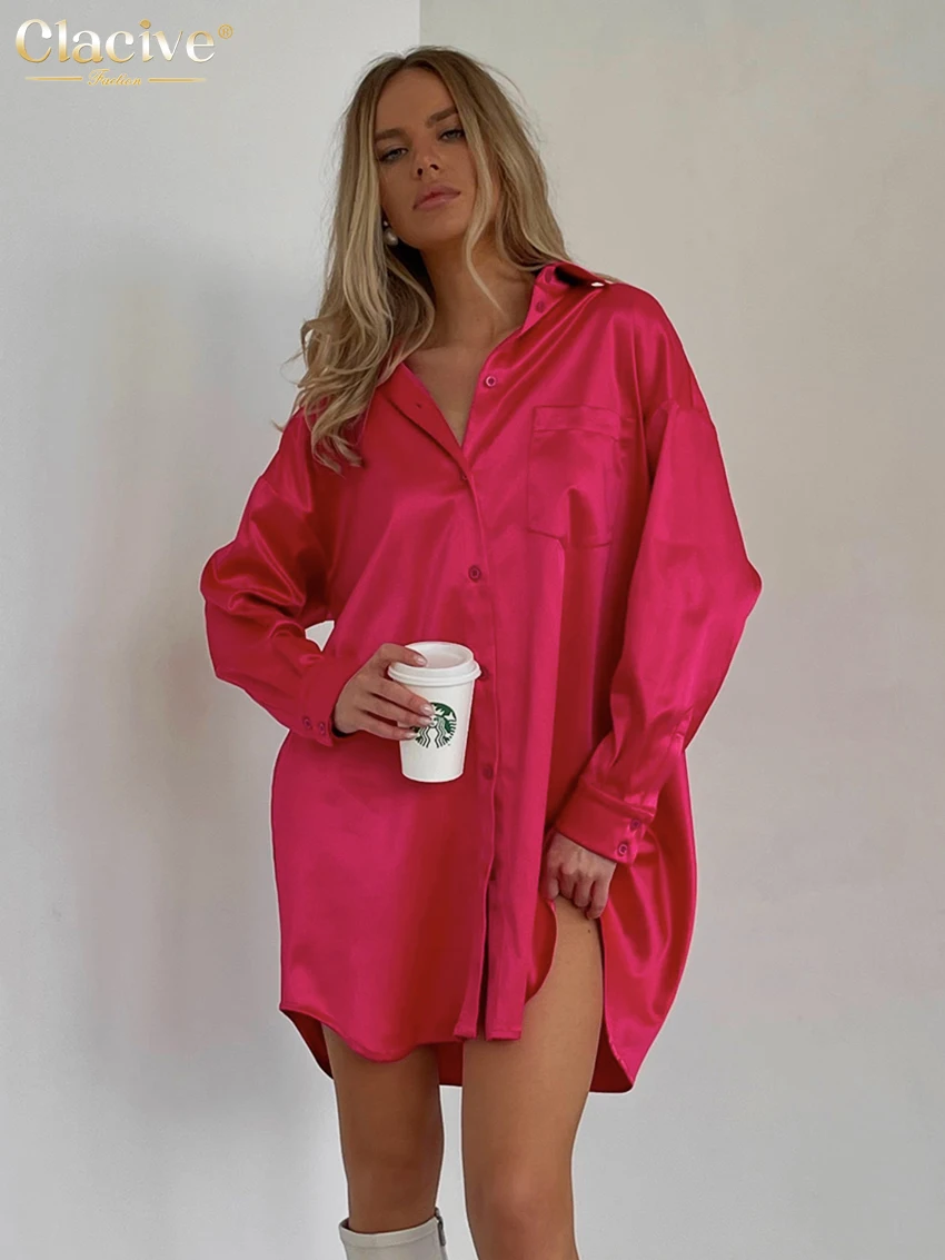 

Модные женские блузки Clacive 2023, повседневные свободные рубашки с отложным воротником и длинным рукавом, элегантные розовые атласные блузы, т...