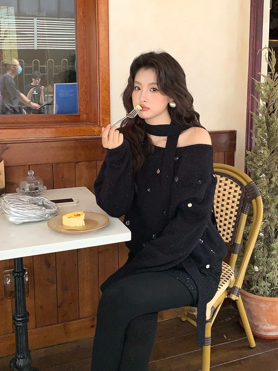 Se Gentle Sun Xiuxi Рождественская одежда свитер с открытым вырезом и лентой женский