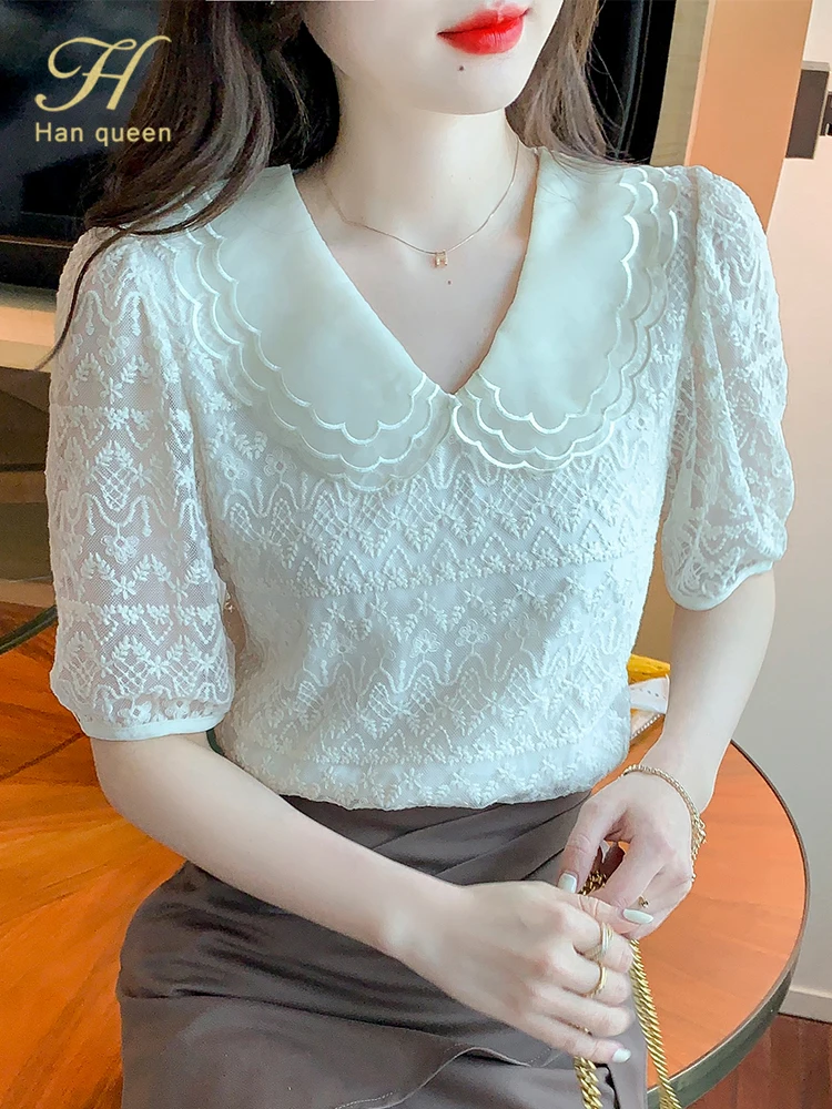 

Женская шифоновая блузка с коротким рукавом H Han Queen, свободная повседневная элегантная деловая винтажная блузка для работы, Новинка лета 2022