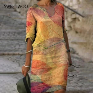 2022 Vintage Printed Loose Dress Women Summer Half Sleeved V Neck Dress Ladies Casual All-Match  Beach Dresses Vestidos