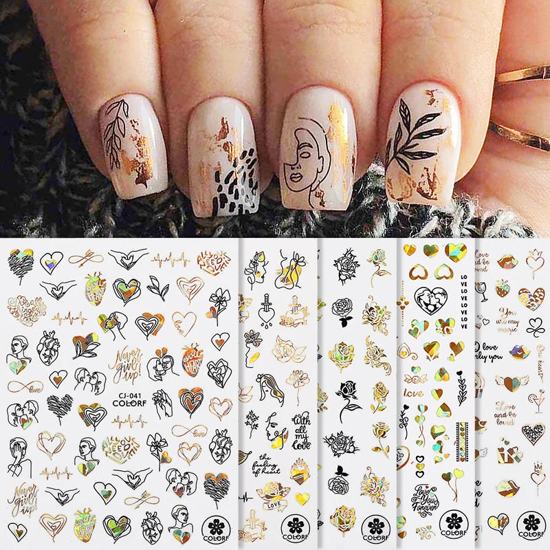 3D наклейки для ногтей с изображением золотого цветка любви День Святого