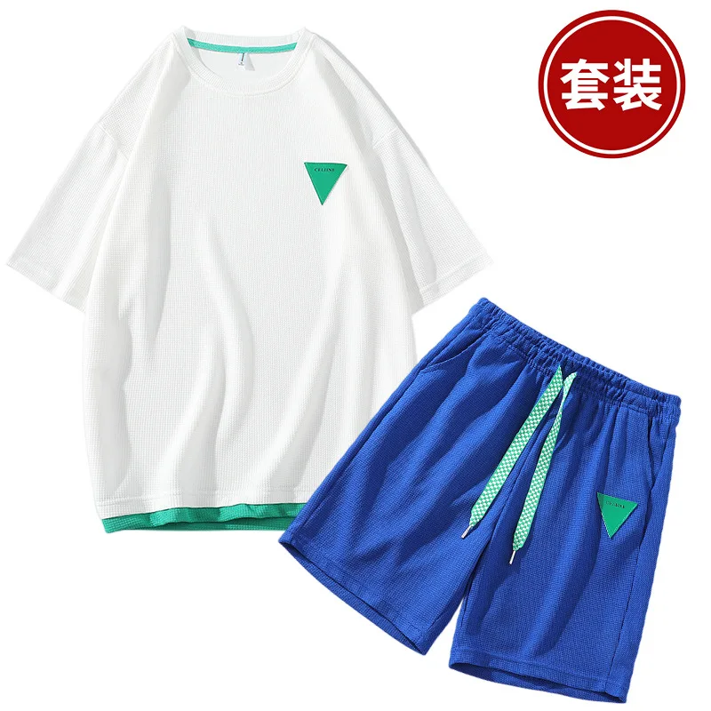 Waffle Casual Suit Men's Summer Short Sleeve T-shirt Men's Suit with Handsome Fashion Brand Sports Tops