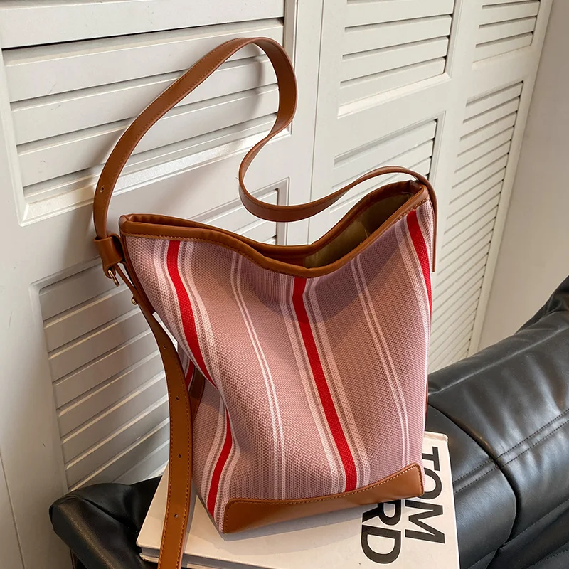 

Полосатая Женская Холщовая Сумка для покупок, Вместительная женская сумка, многоразовая Студенческая простая сумка-ведро, складная сумка на плечо, 2023