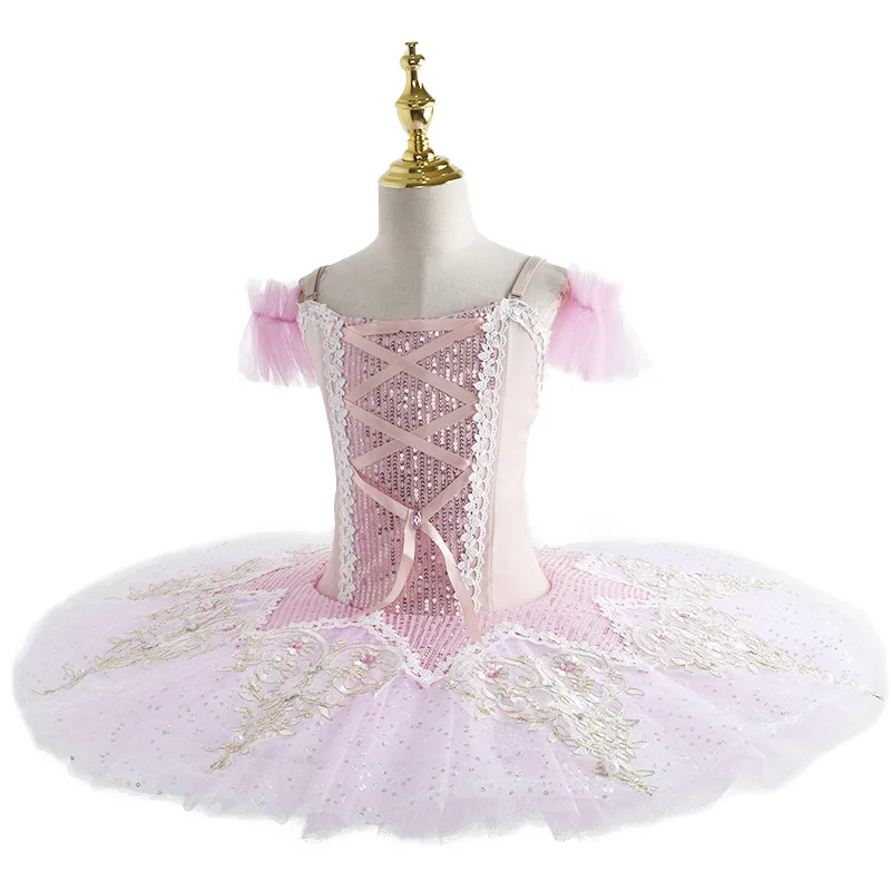 Розовая детская бальная одежда балетное платье-пачка с блестками и цветами для