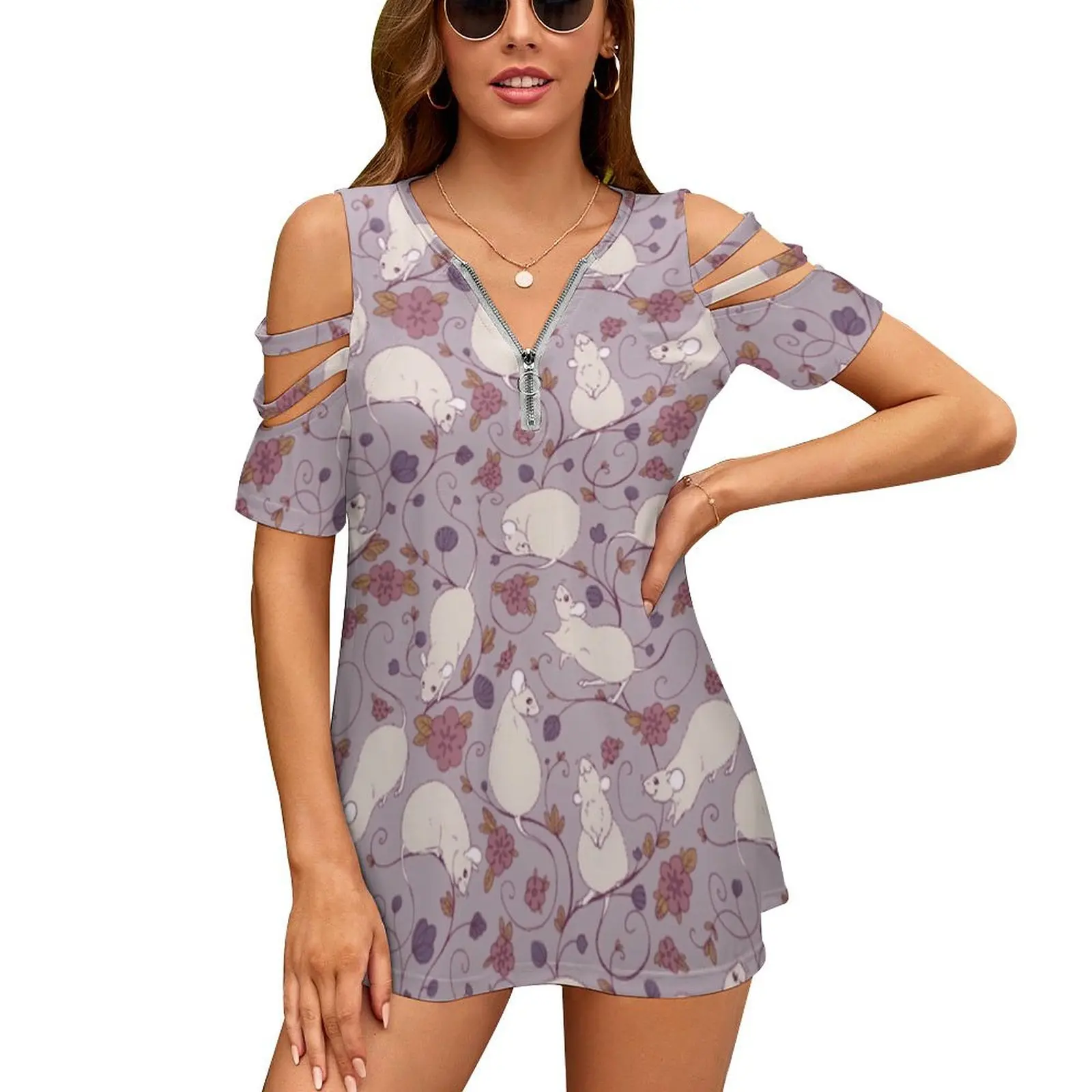 Женские футболки с цветочным принтом Rat розовые и фиолетовые на молнии