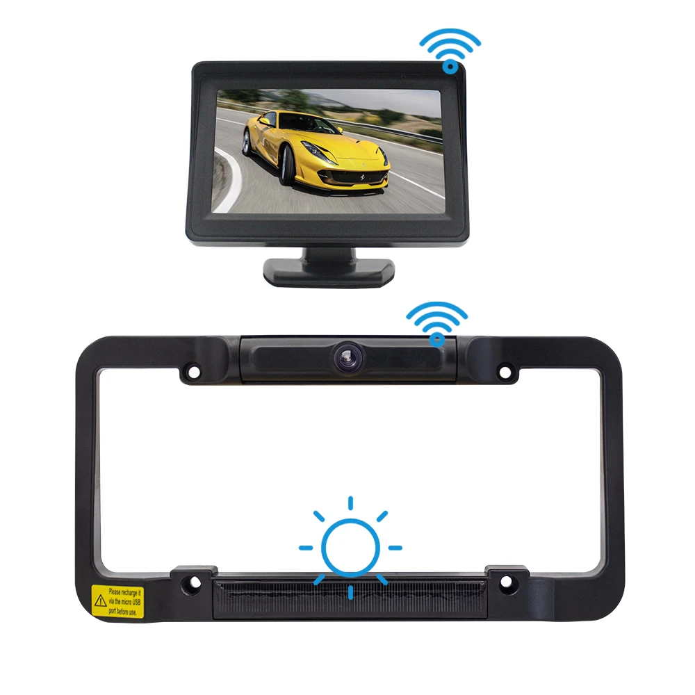 

Solar Wireless Backup Camera Digital Signal 4.3" Monitor For US Car Truck License Plate Frame Waterproof Rearview Reverse Camera