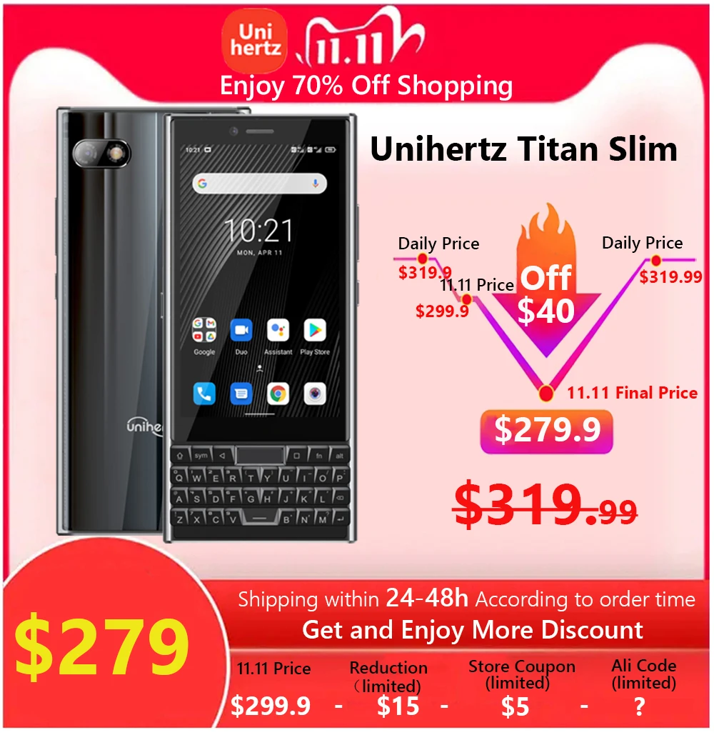 Najtaniej Unihertz TITAN SLIM 6GB 256GB Smartphone Android Klawiatura Qwerty Ekran Dotykowy Telefon Komórkowy 8MP 48MP NFC 4100mAh Telefon Komórkowy