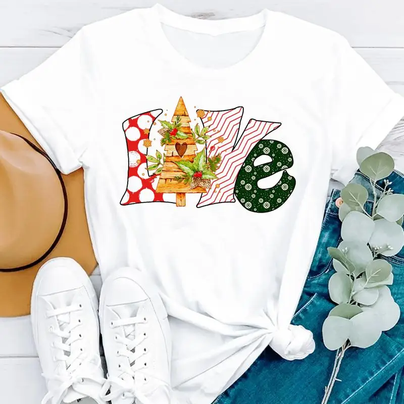 

Женская зимняя футболка с надписью "Merry Christmas", праздничный красивый топ с рисунком дерева, Милая футболка, футболка, мультяшная Красивая Нов...