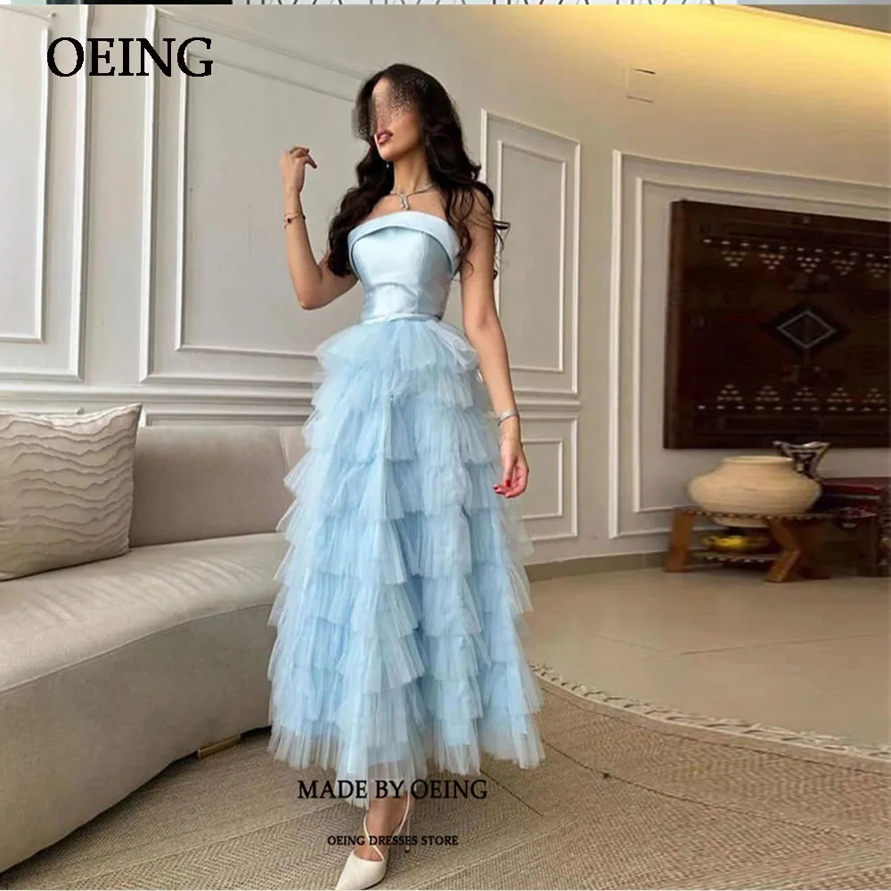 

OEING Light Blue Evening Dress Stain Strapeless Prom Gown Ankle Length Tiered Tulle Dresses For Formal Vestidos De Fiesta