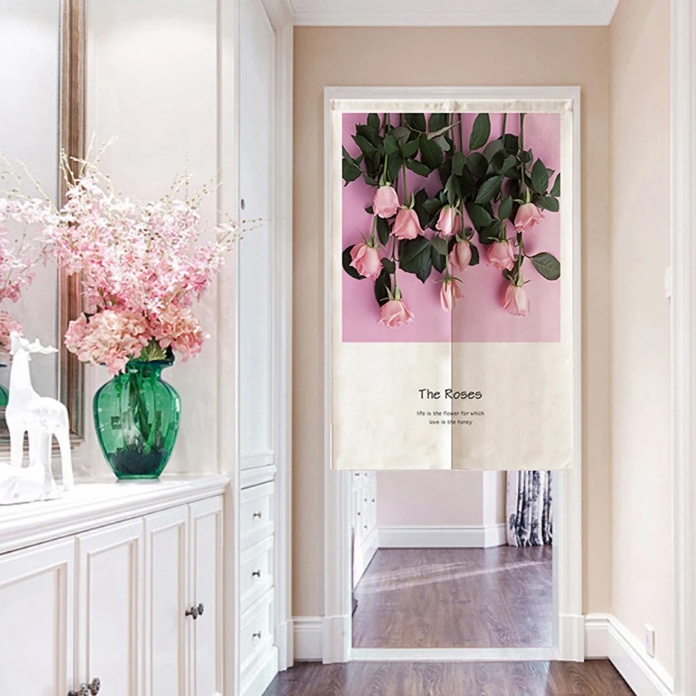 Занавеска в японском стиле из полиэстера навесная половинка с рисунком растений