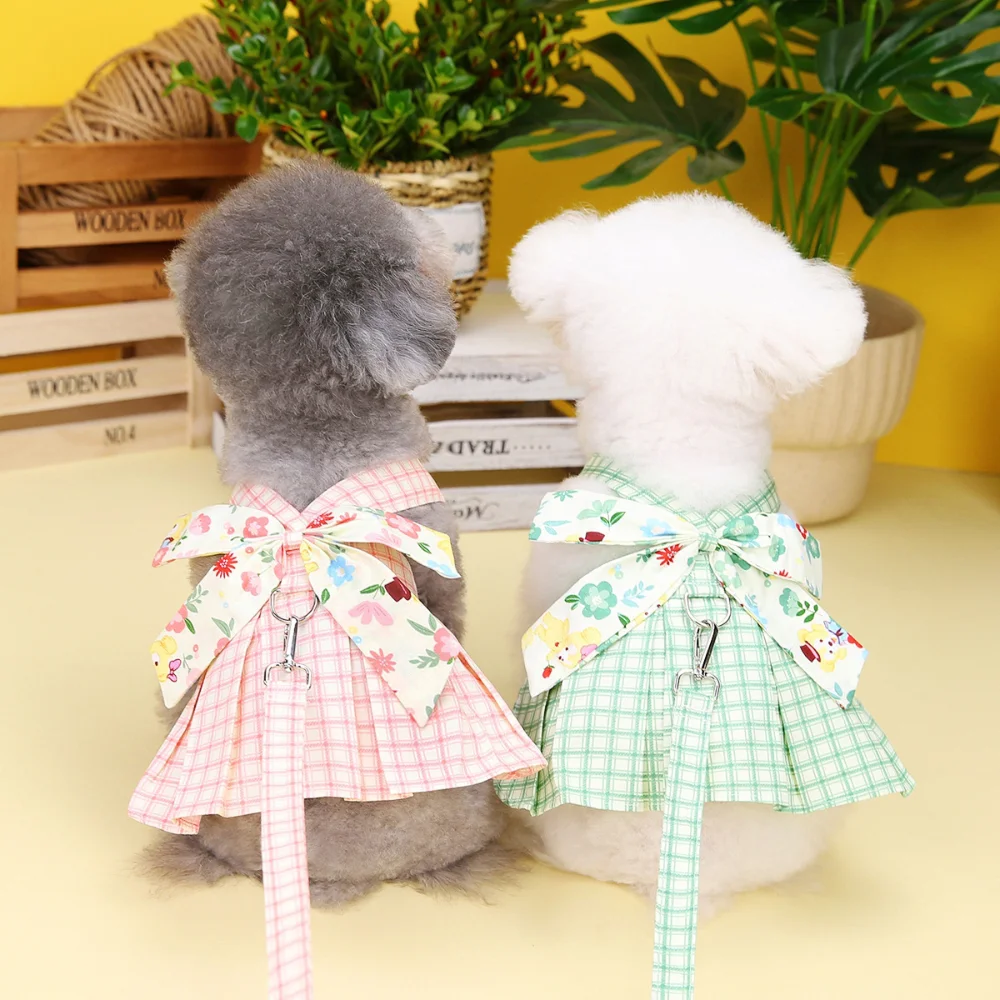 Puppy Princess Dress Spring Summer Fashion Cartoon Vest Pet Cute Plaid Skirt Small Dog Designer Bowknot Clothes Poodle Yorkshire