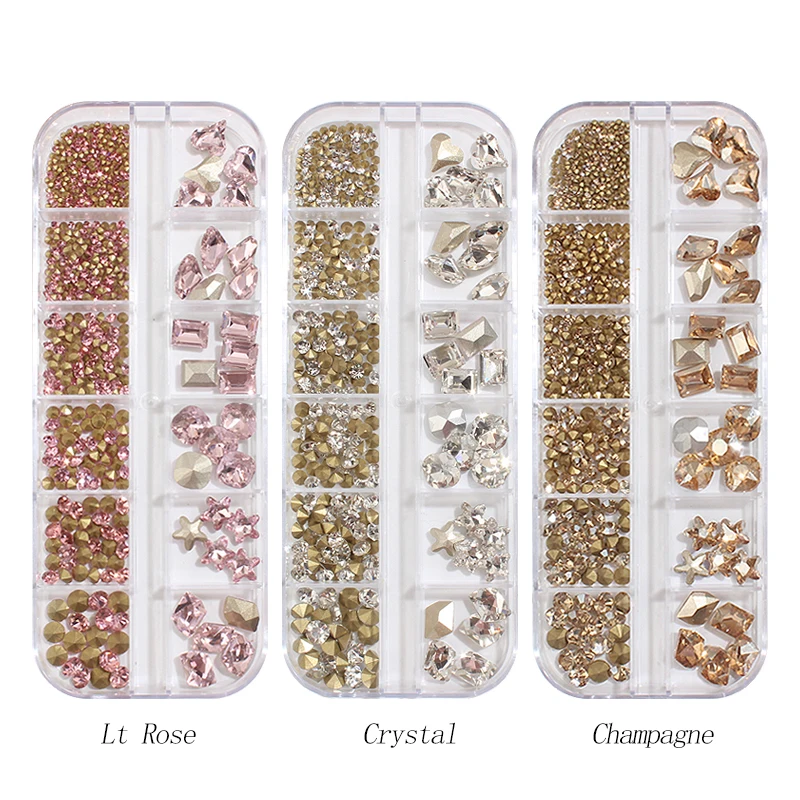 

High Quality Pointback Nail Art Rhinestone And Small Round Drill Multi Size 12 Grid Box Combination Suit DIY Manicure Accessory