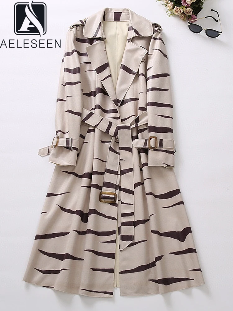 

AELESEEN Designer Fashion Autumn Winter Women Trench 2022 Vintage Leopard Print Pocket Belt Elegant Party Vacation Long Coat
