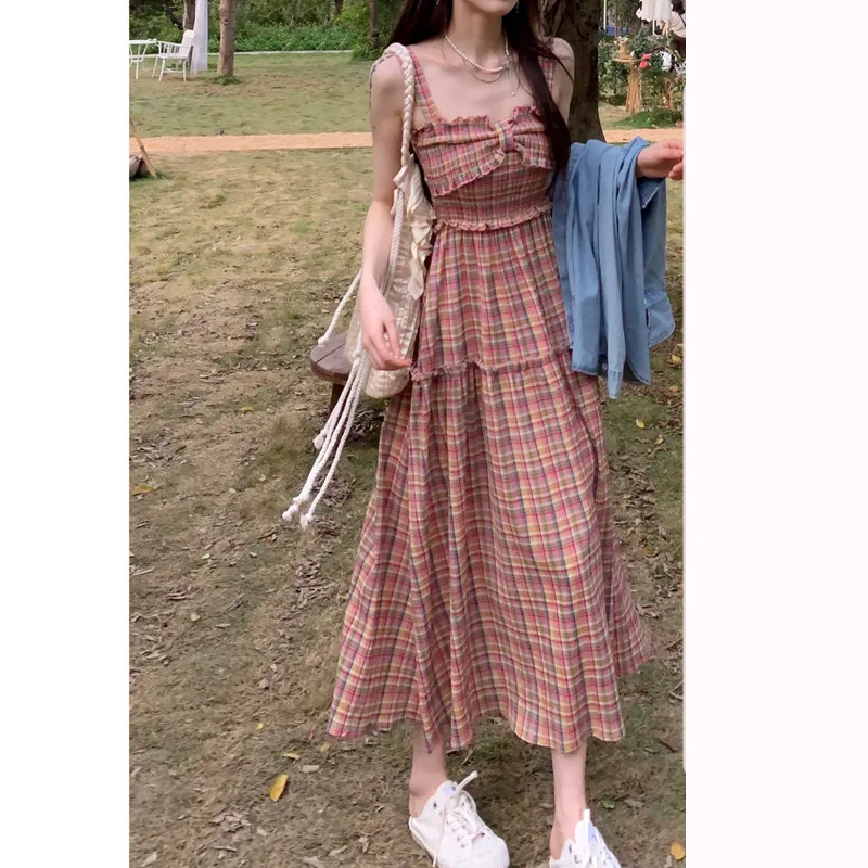 

Homecoming Dresses Summer Slip Dress Women Pink Plaid Stripes Midi Dress Pink is Elegant And Sophisticated Long Skirt Fairycore