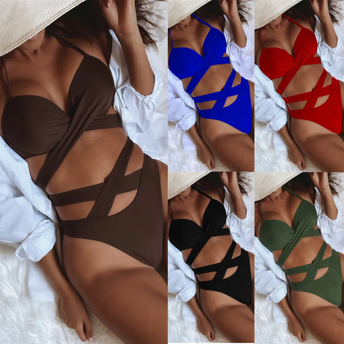 

2022 New Women 2PCS Bikini Suit Plain Halter Tie-Up Push-Up Bra, High Waist Hollow Triangle Panty, Ladies Summer Beach Swimwear
