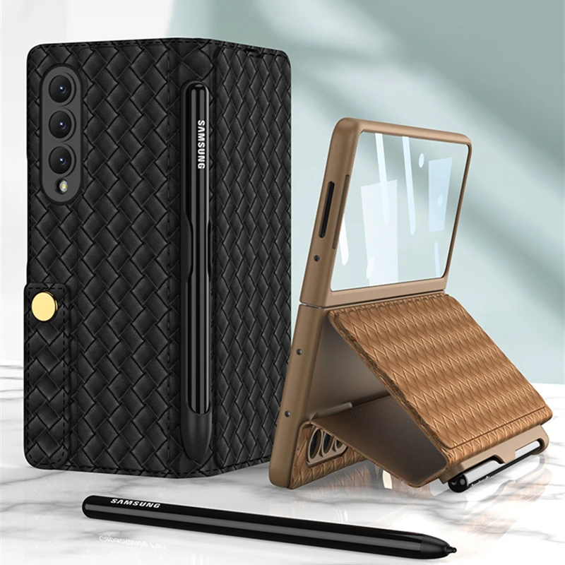 

S Pen Slot Cover for Samsung Galaxy Z Fold 4 Case Folding Leather Hard PC Front Film Card Holder Case For Z Fold4 5G No Pen