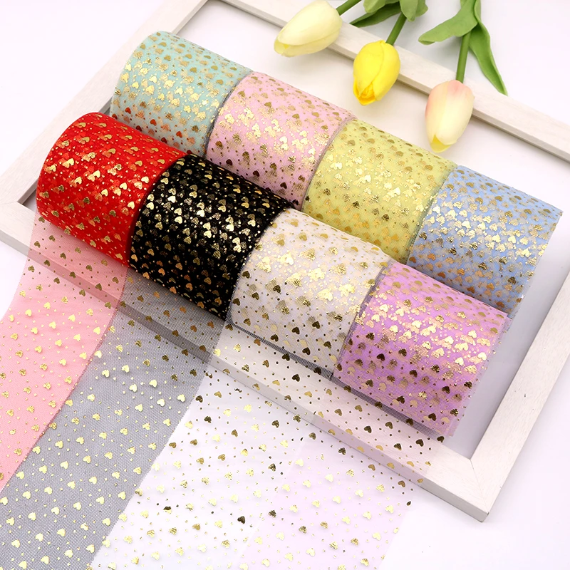 

6cm 8cm 25yards Golden Heart Tulle Gift Ribbon Mesh Net Sewing Fabric Valentine's Day Engagment Wedding Birthday Decoration