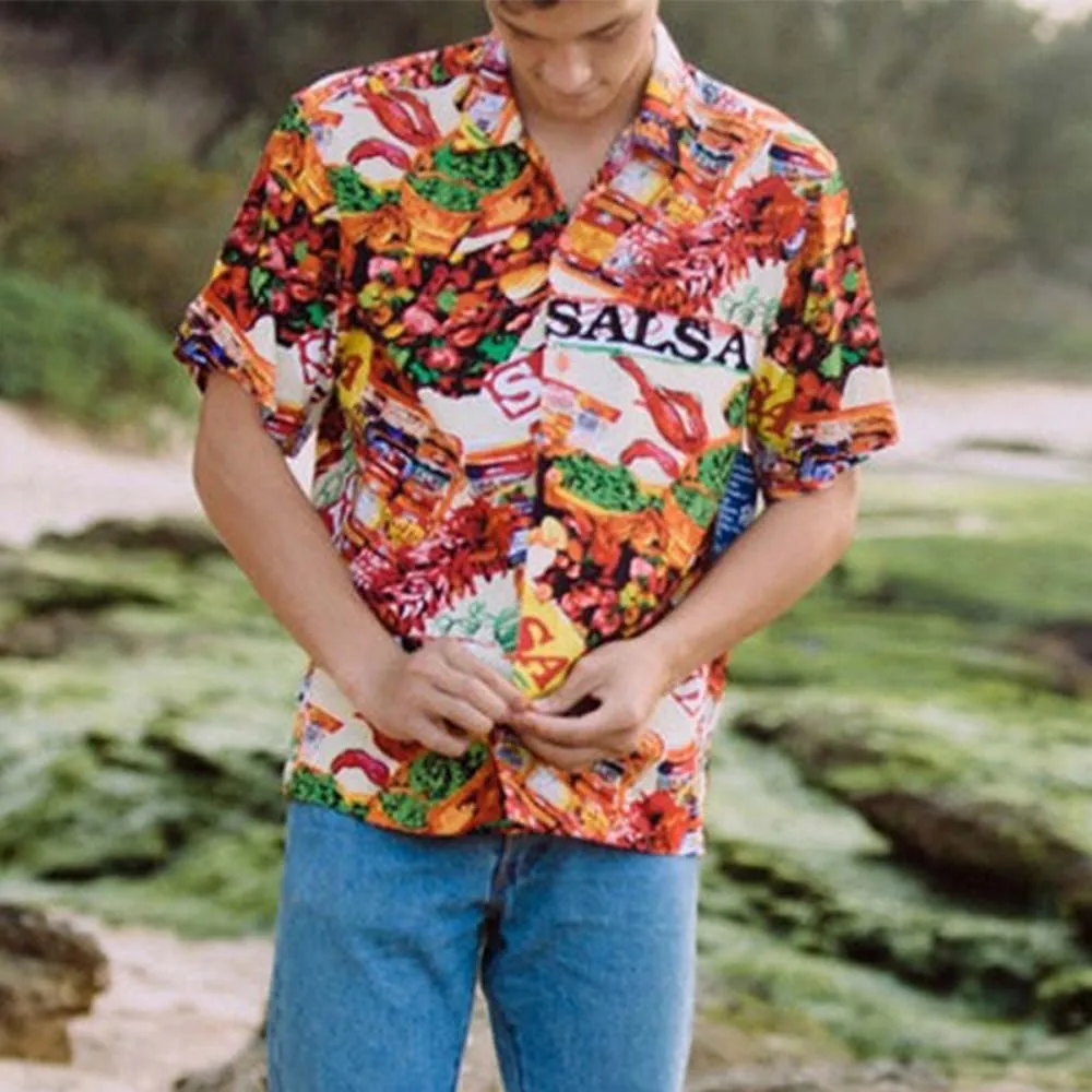 

2022 Summer Men Fashion Oversize Shirt Single-breasted Short Sleeve Floral Printing Patchwork Lapel Leisure Shirt For Men