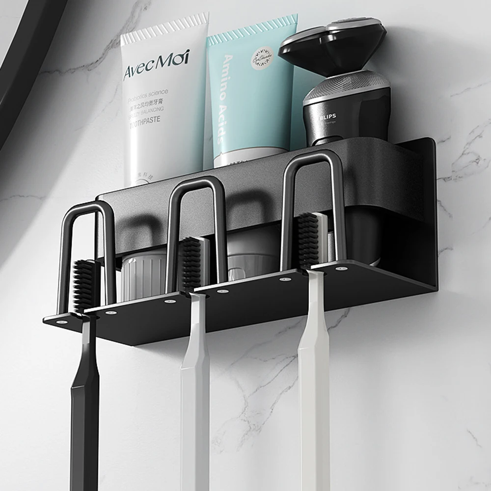 

Toothbrush Holder Bathroom Toothpaste Storage Rack With Cup Holder Wall Mounted Razor Stand Organizer Shelf Bathroom Accessories