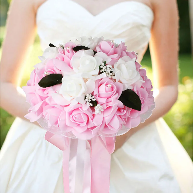 

Wedding Bouquet Bridal Bridesmaid Artificial Silk Rose Flowers with Lace Fake Flowers Romantic Party Supplies Wedding Decoration