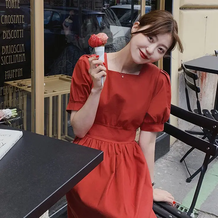 

Summer Girls Dress Women Cotton Linen Casual short Sleeve Dresses Female Dress Vintage Solid Red dress Boho Robe Femme Vestido