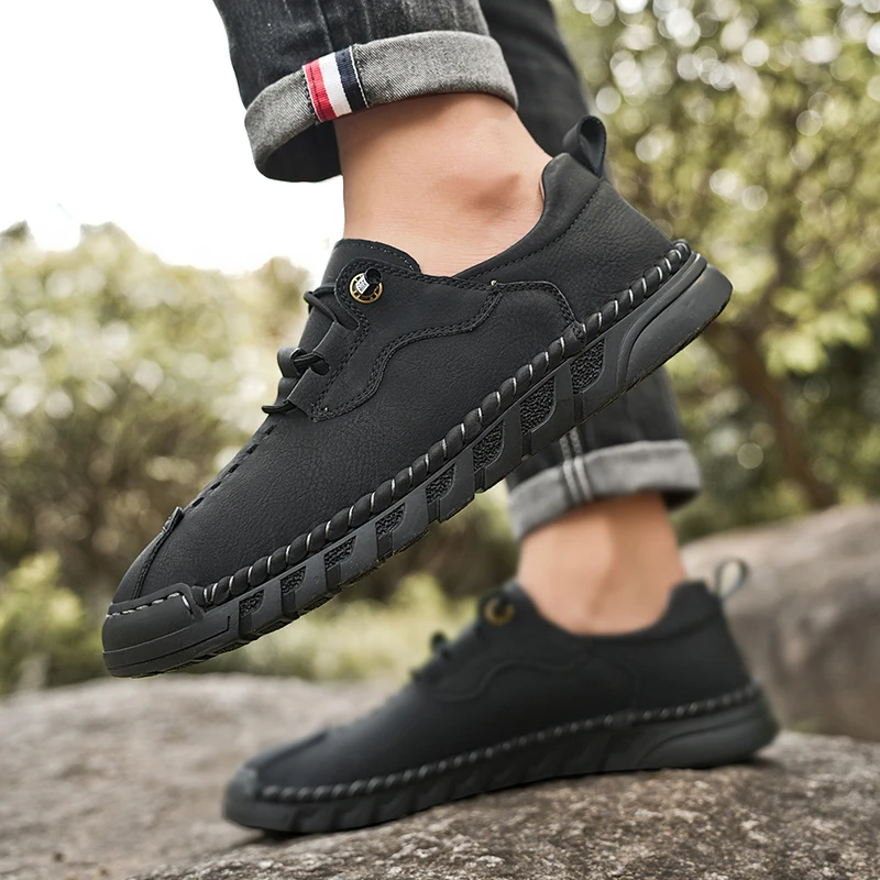 Мокасины мужские кожаные дышащие уличные лоферы плоская подошва на шнуровке