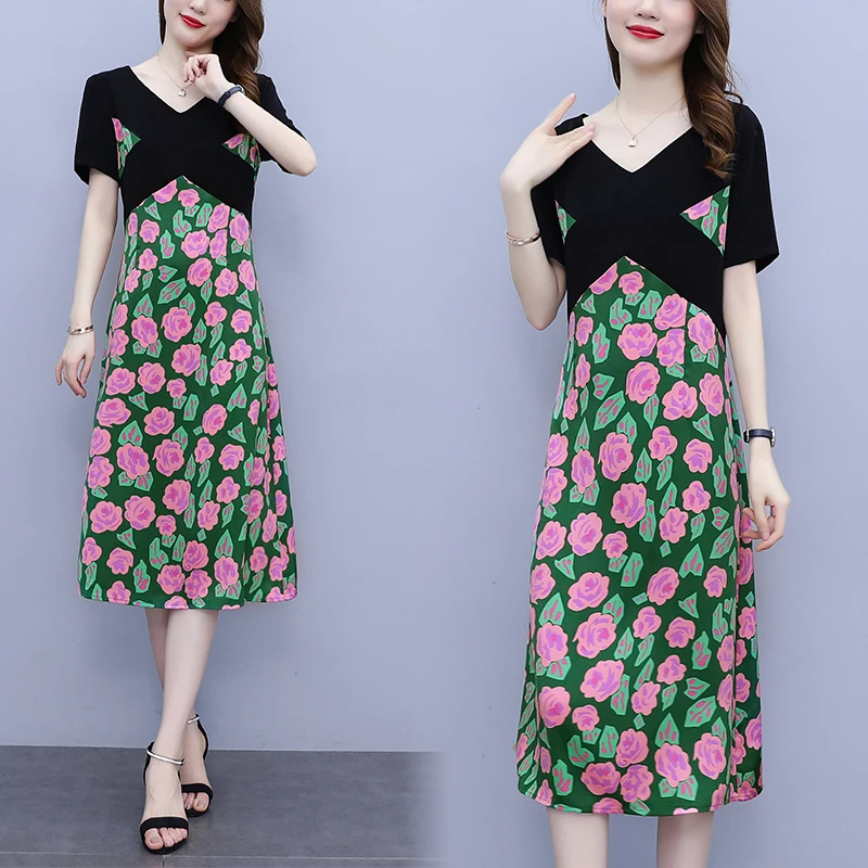 

Женское летнее Цветочное платье с V-образным вырезом, свободное тонкое Повседневное платье-футболка для девушек, блузка, халаты, ТРАПЕЦИЕВИ...