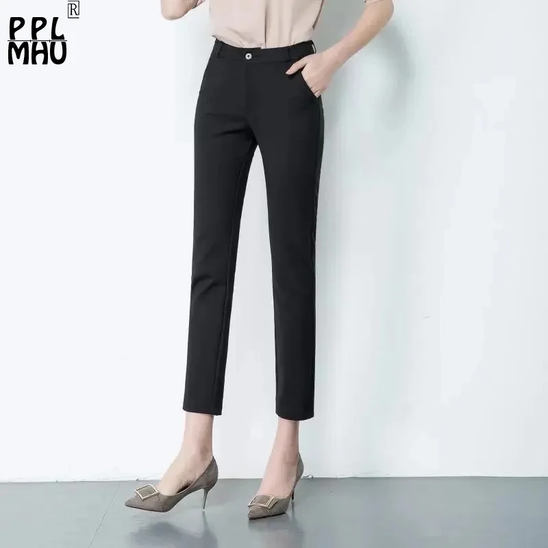 

Oversize 4xl Formal Work Black Pants Office Lady Slim Classics Pantalones Stretch Pencil Capris Ankle Length Straight Trousers