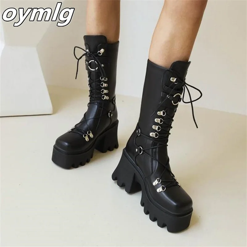 2022 Winter Punk Rock Style Gothic Cosplay Motorcycle Biker Combat Mid Calf Boots Platform Shoes Chunky High Heels 35-43
