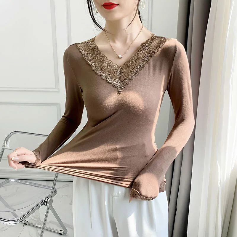 Spring Lycra Thermal Underwear Basic V Neck T-shirt Underwear Woman Top Autumn Long Sleeve Shirt Thin Blouse Female Clothing