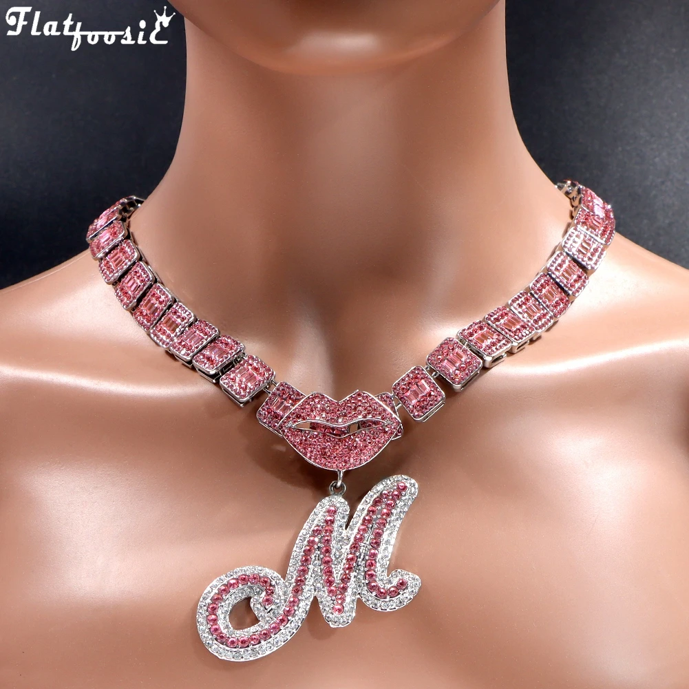 

Pink Crystal Letter Pendant Necklace For Women Hip Hop Iced Out Full Rhinestone Mouth Initial Baguette Chain Necklaces Jewelry