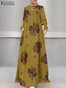 ZANZEA Women Muslim Abaya Hijab Dress Autumn Long Sleeve Floral Printed Maix Long Sundress Robe Femme Dubai Islamic Clothing