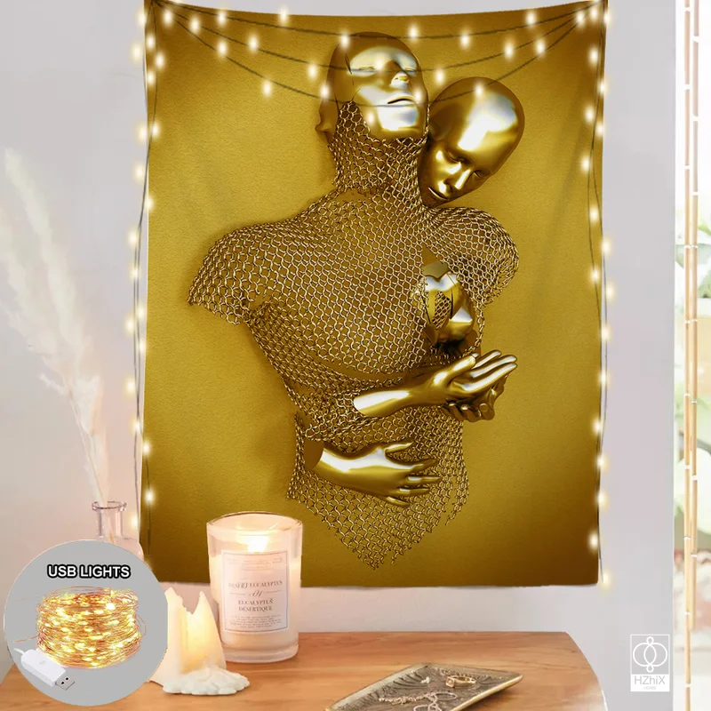 

Metal Figure Statue Wall Tapestry with Lights Abstract Gold Art Tapestries Kawaii Room Decor Decoration Home Bedroom Aesthetic