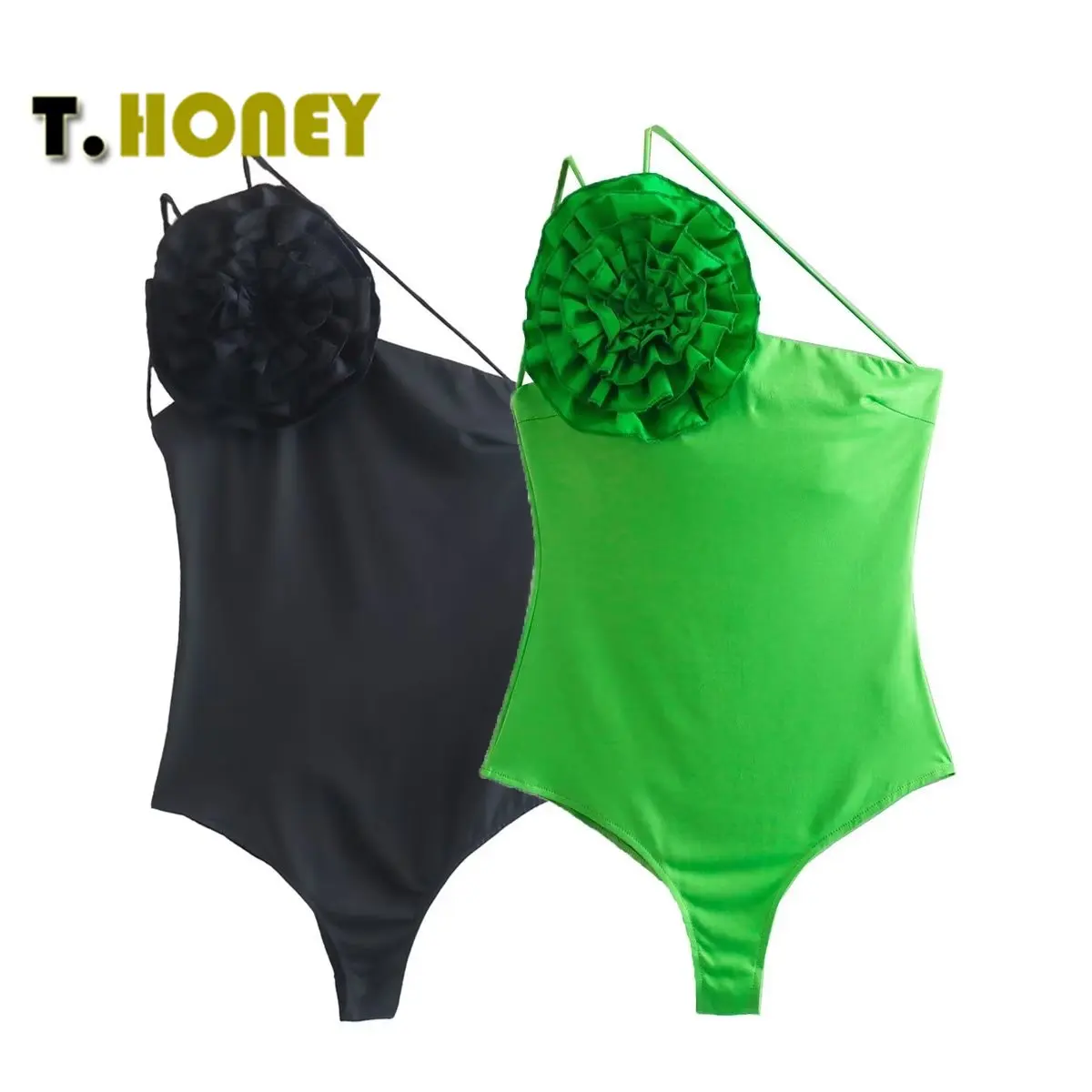 

Women Fashion Ruffled One-shoulder Bodysuit With Floral Chic Lady High Elastic Bodycon sexy y2k Tops