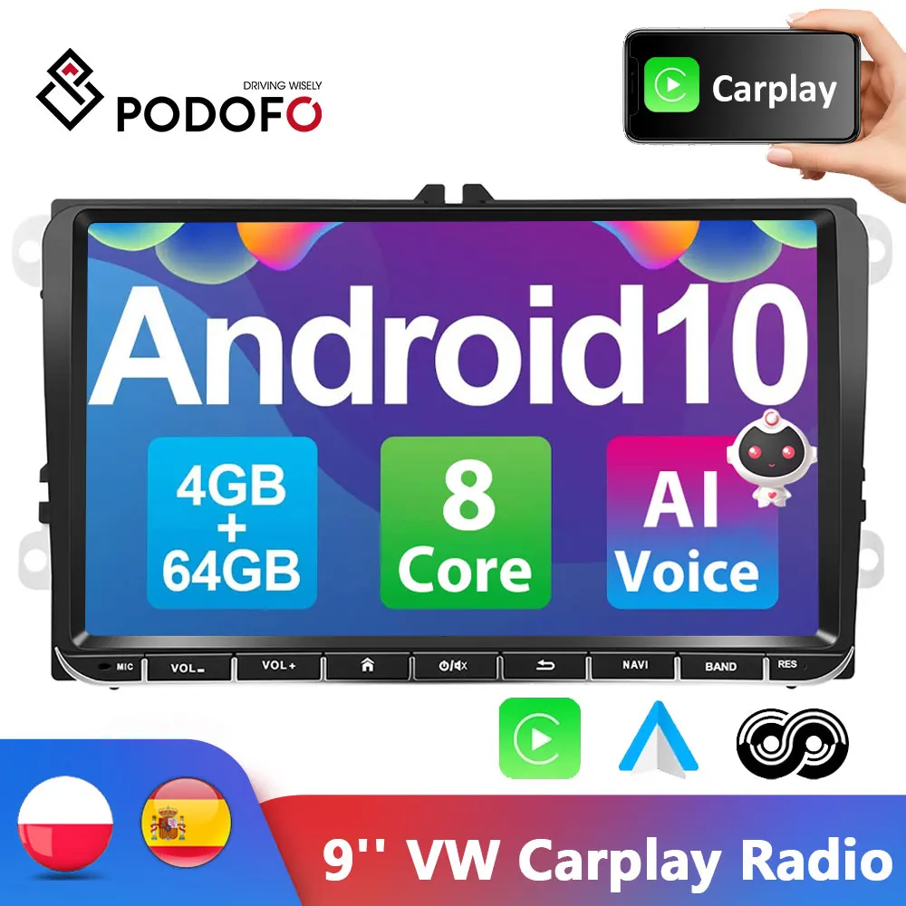 $95.69 Podofo 2 Din Android Car Multimedia Player 4G GPS Radio For VW Volkswagen Golf Polo skoda rapid octavia Radio Tiguan Passat b7