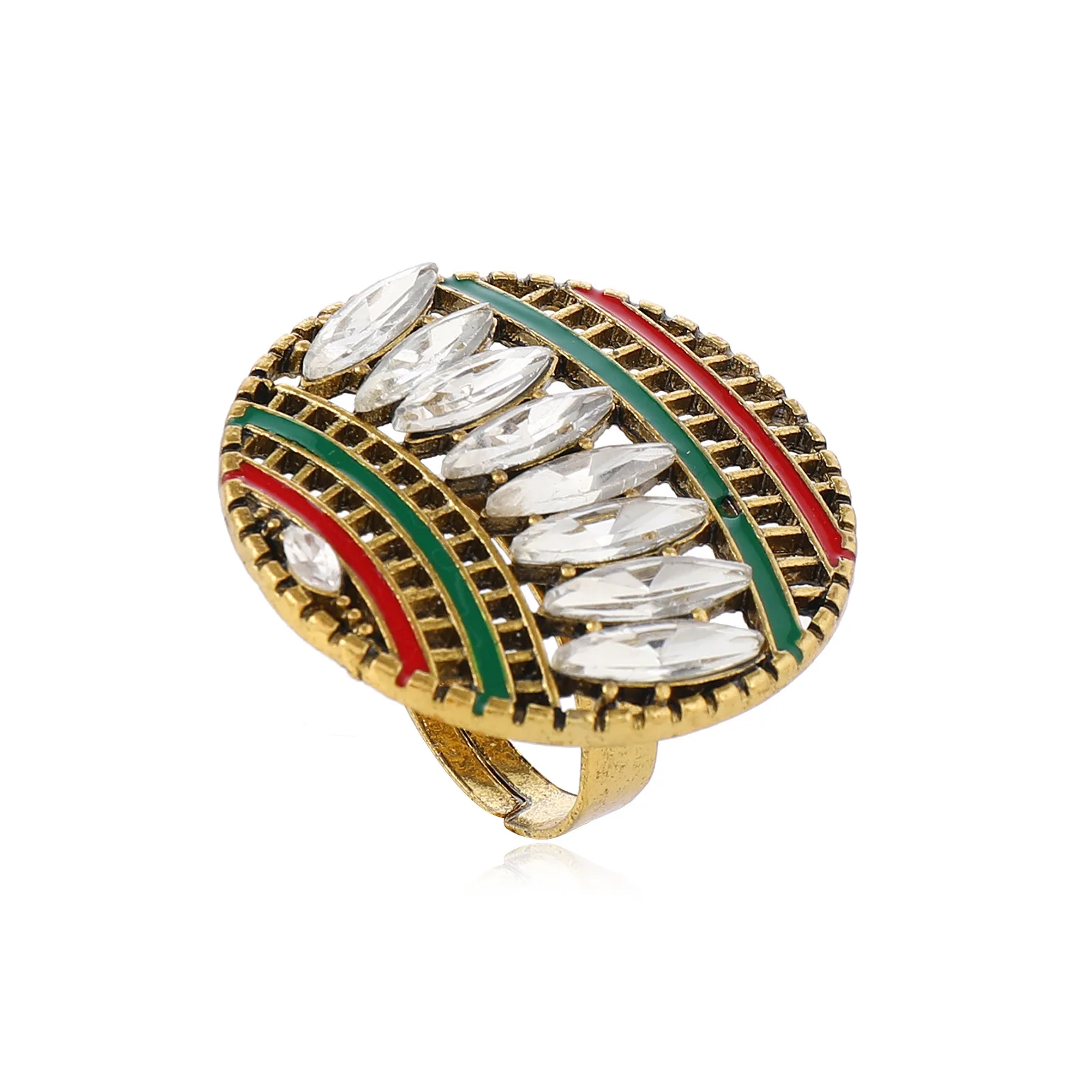 

Vintage Retro Hollow Antiqued Gold Color Red Green Enameling New Geometric Rhinestone Adjustable Rings for Women Jewelry