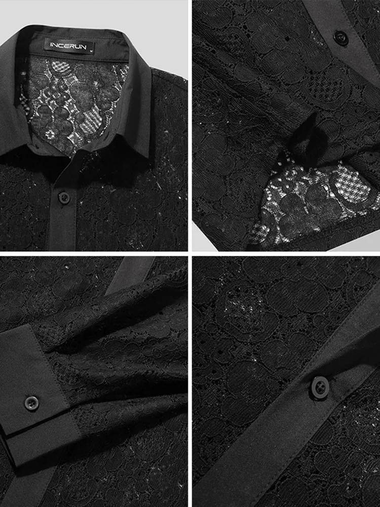 Men Mesh Shirt Lace Lapel Long Sleeve See Through 2022 Party Nightclub Shirts Streetwear Sexy Camisa Masculina INCERUN Plus Size