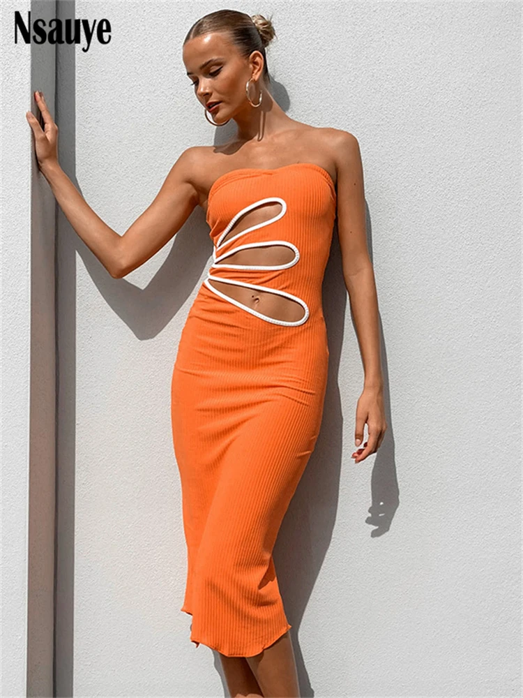 

Nsauye Chic Elegant Party Beach Holiday Summer Strapless Midi Dress Off Soulder Sexy Hollow Out 2023 Casual Dresses For Women