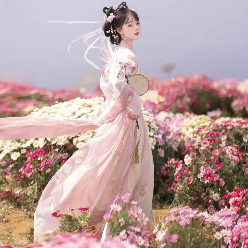 Kobiety Starożytna chińska sukienka Hanfu Kostiumy Różowy haftowany płaszcz Biała bluzka Spódnica z nadrukiem Vestidos Elegantes Para Mujer