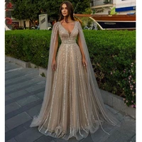 nude arabic evening dresses gowns luxury cape sleeves a line beaded sexy for women party