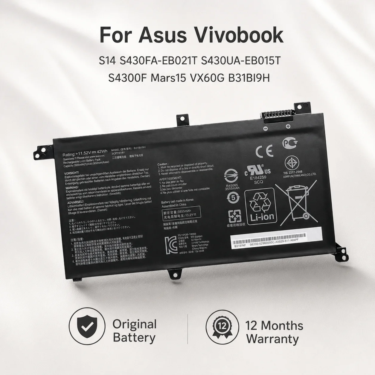 Фото Сменная батарея для ноутбука B31N1732 11.52В 42Втч для Asus Vivobook S14 S430FA S430UA S4300F Mars15 VX60G B31BI9H №1