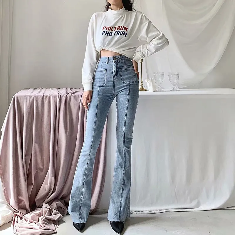 

2 Color Women Autumn Winter Pants High Waist Trousers Stretch Horn Jeans Lady New Fashion Slim Long Legs Solid Color Jeans 25-29