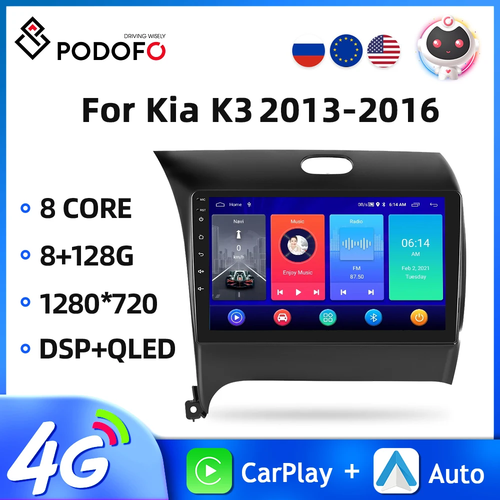 

Автомагнитола Podofo, 2DIN, Android, для Kia K3 2013-2016, автомобильный мультимедийный плеер с GPS-навигацией, голосовым ии, 4G, Wi-Fi, Carplay, 8-ядерным процессором DSP, 2din