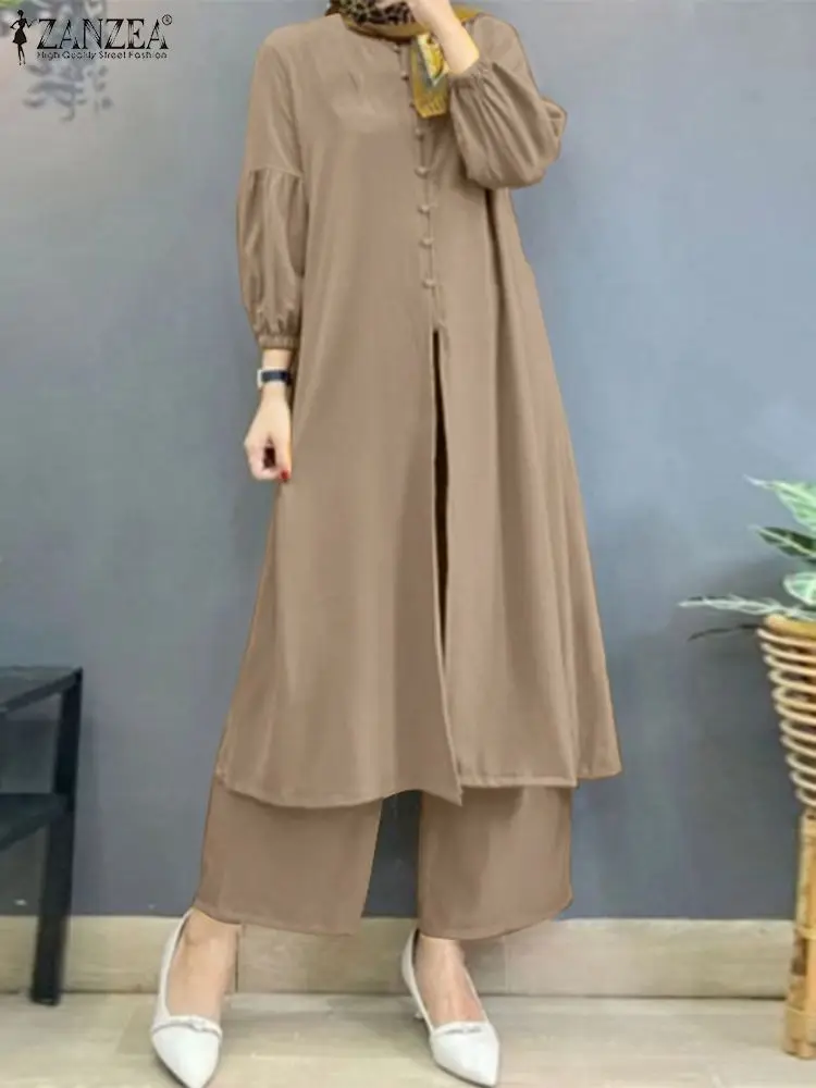 

ZANZEA Fashion Eid Mubarek Matching Sets Female Casual Muslim Suit Long Sleeve Tops Wide Leg Pant 2PCS Woman Elegant Outifits