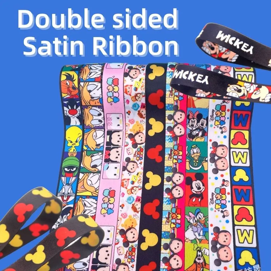 

5yards Disney Satin Ribbon Stitch Mickey Mouse Minnie Donald Duck Winnie Silk Double Sided Lanyard DIY Craft Supplies Sewing
