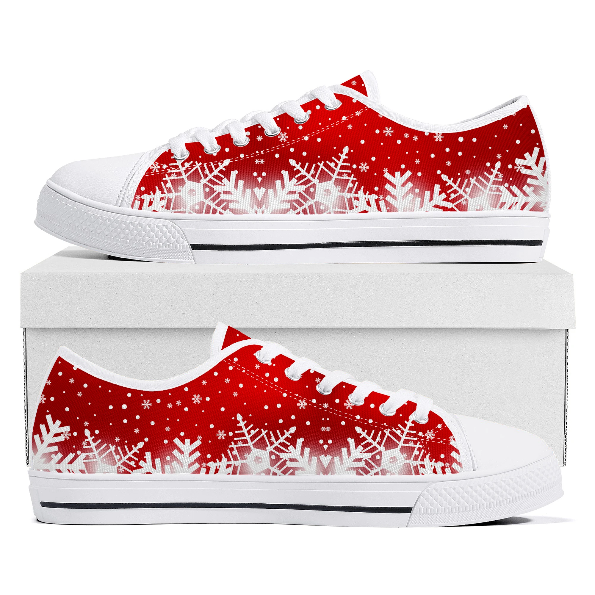 

Белые снежинки красные рождественские низкие кроссовки Мужские Женские подростковые холщовые высококачественные кроссовки пара обуви Белая обувь на заказ