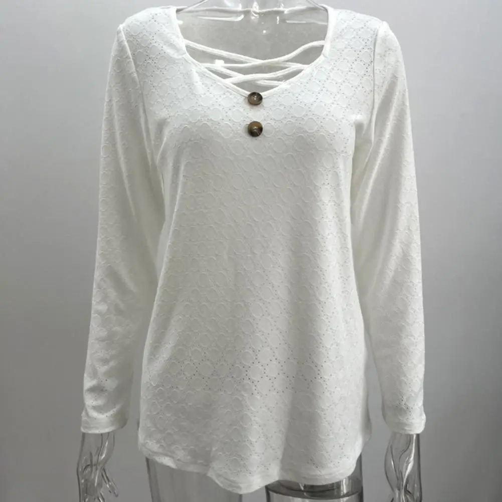 

Lady Casual Top Stylish Women's V Neck Hollow Out Long Sleeve Pullover Soft Loose Lady T-shirt Top with Button Decor for Spring