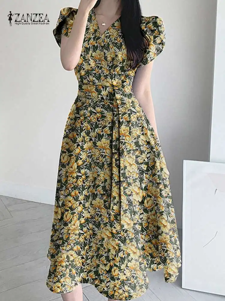 

Платье ZANZEA женское оверсайз с цветочным принтом, элегантный повседневный богемный сарафан с коротким рукавом и V-образным вырезом, ТРАПЕЦИЕВИДНОЕ, на лето
