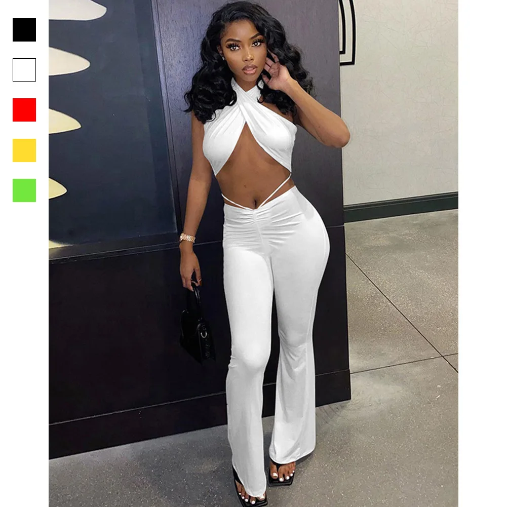 

2023 Spring/summer New Hot Selling Fashion Women's Solid Color Bra Open Back Pants Set