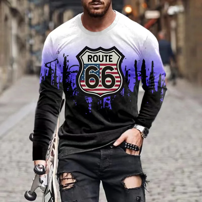 

Vintage T Shirt For Men Streetwear U.s. Route 66 3d Printed Tops Tees Loose O-Neck Long Sleeve Oversized T-shirts Male Clothing
